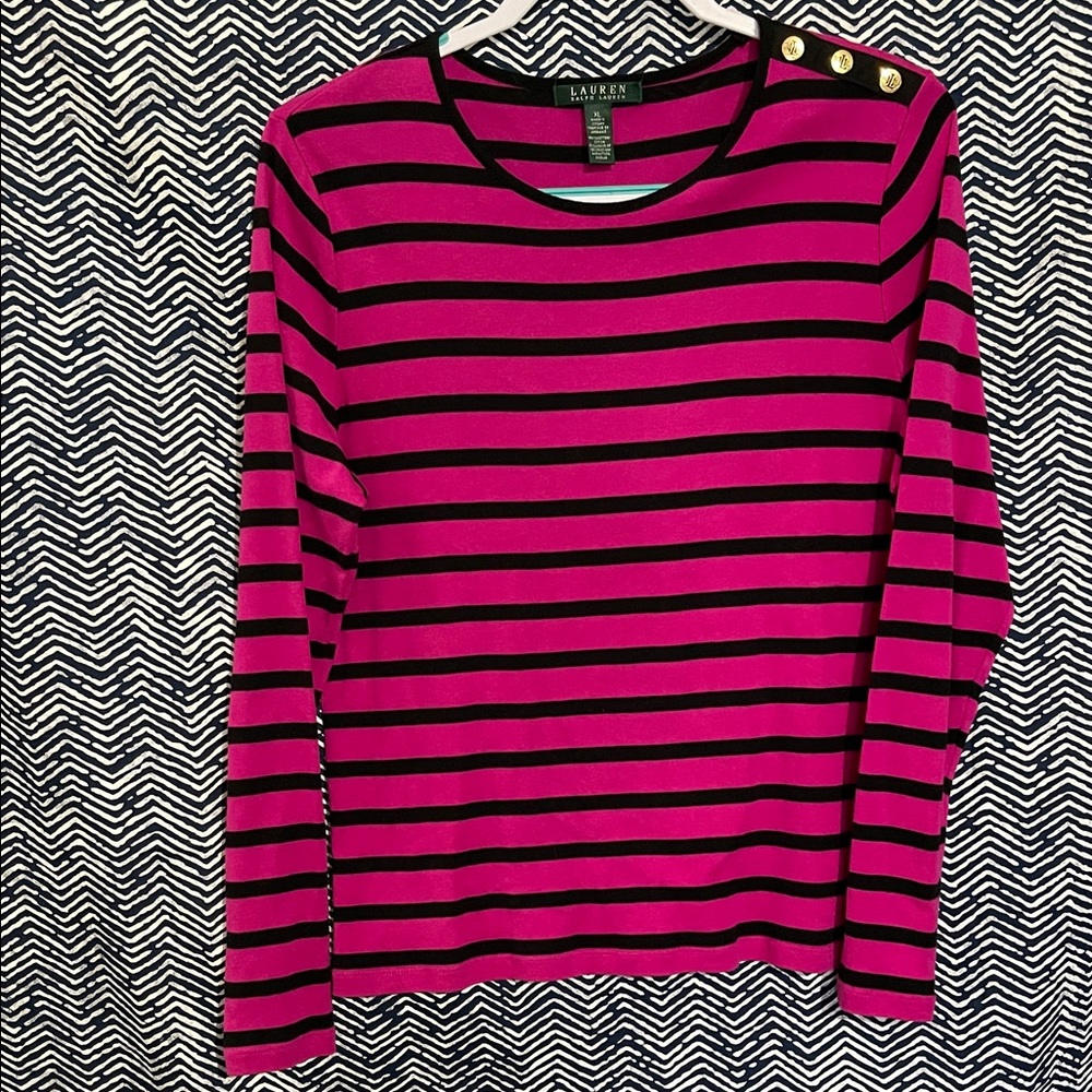 Lauren Ralph Lauren Pink and Black Striped Top 3/4 Sleeve Cotton